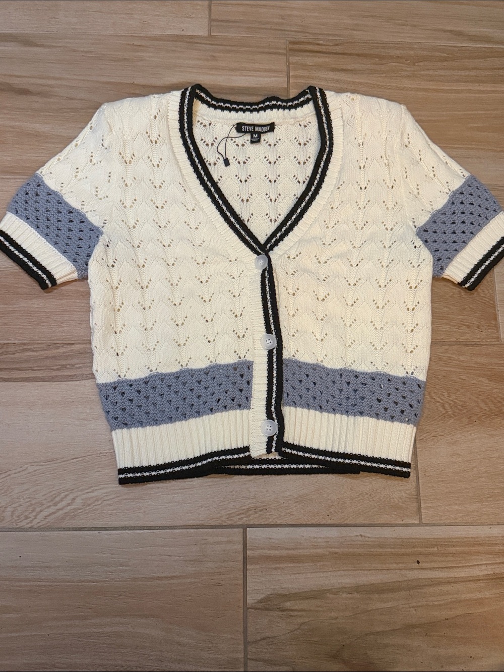 Steve Madden Cream and Light Blue Short Sleeve V-Neck Cardigan with Black Trim
